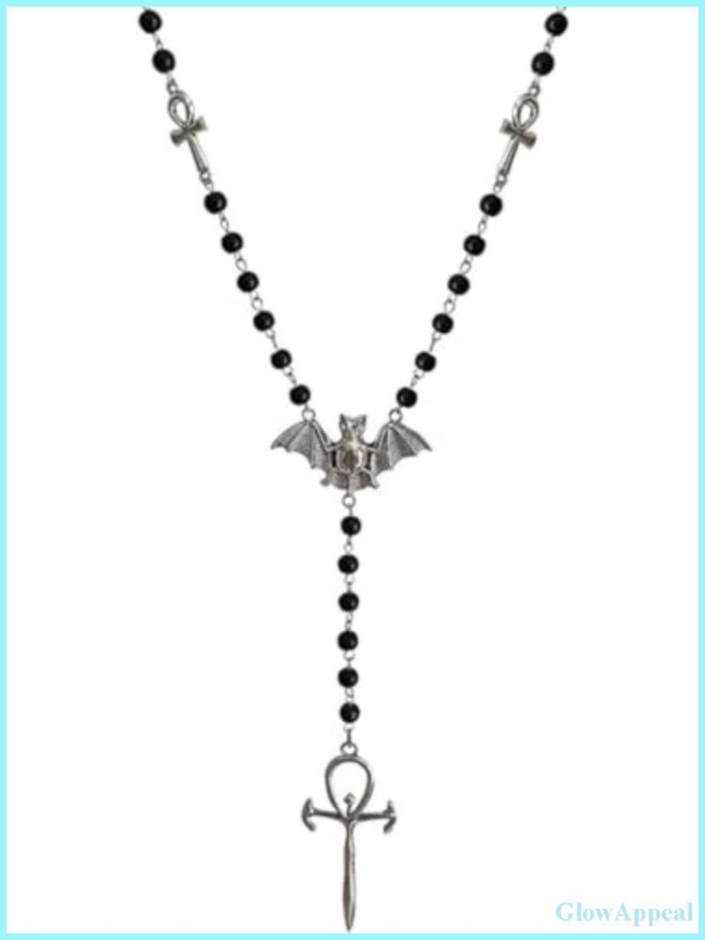 Black Beaded Ankh Cross Bat Pendant Necklace